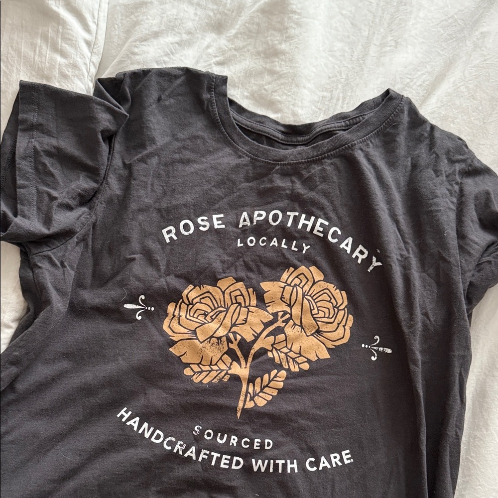 Black Graphic Tee with Gold Rose Design